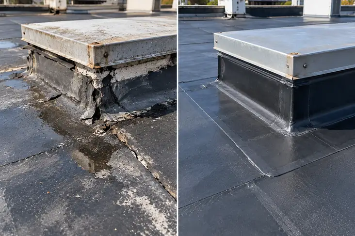 EPDM Patch and Roof Hatch Flashing Repair Brooklyn NY EPDM Roof Patch and Roof Hatch Flashing Repair Before and After
