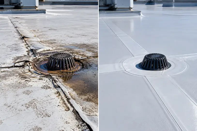 TPO Seam Repair and Drain Reseal Brooklyn NY TPO Roof Seam Repair and Drain Resealing Before and After